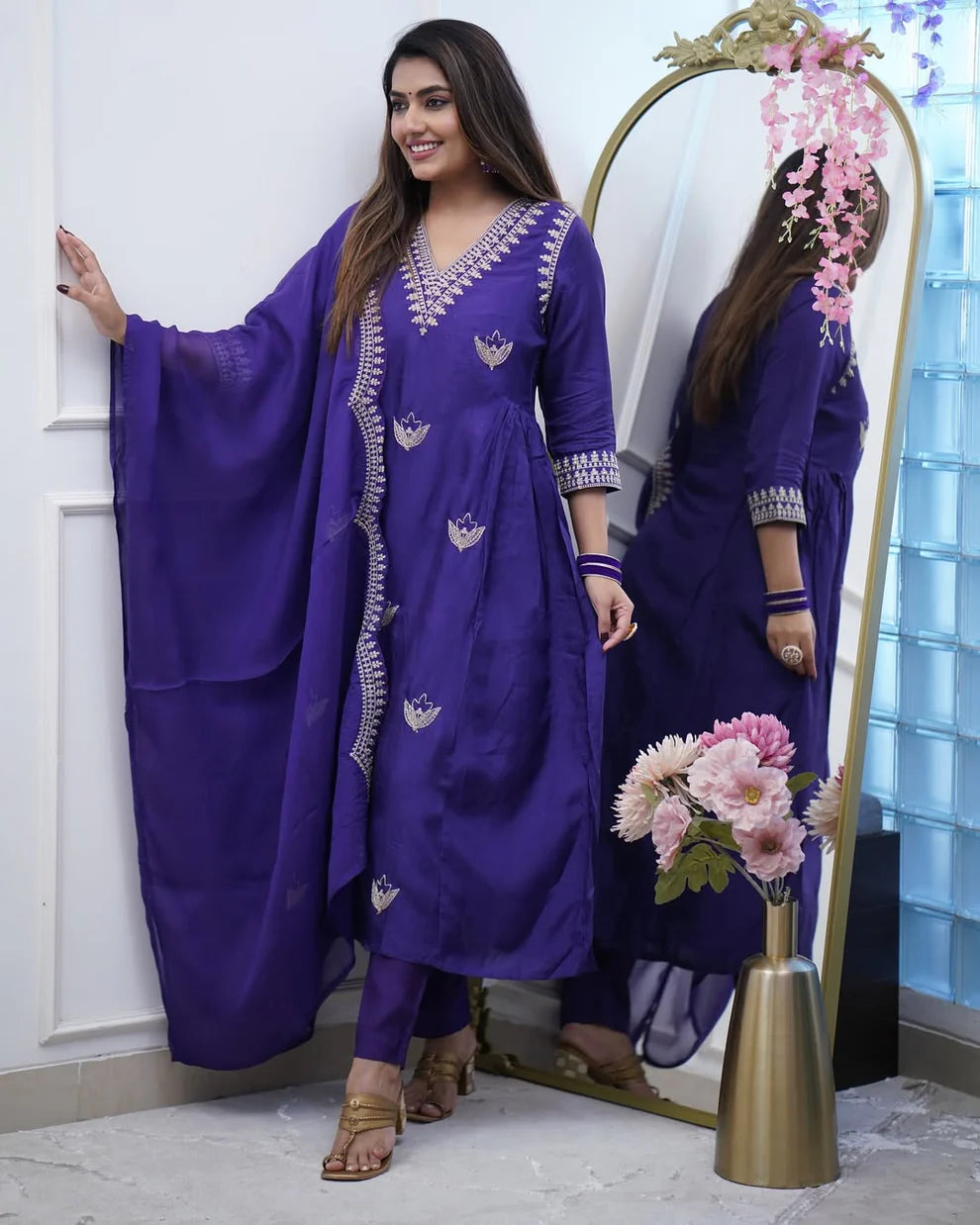 Dixz Fashion Elegant PV Chanderi Gown Style Kurti Set