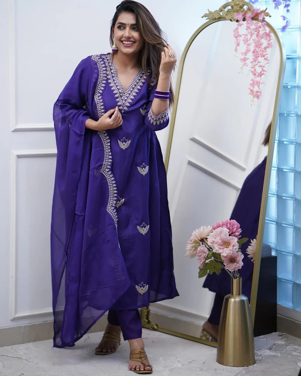 Dixz Fashion Elegant PV Chanderi Gown Style Kurti Set