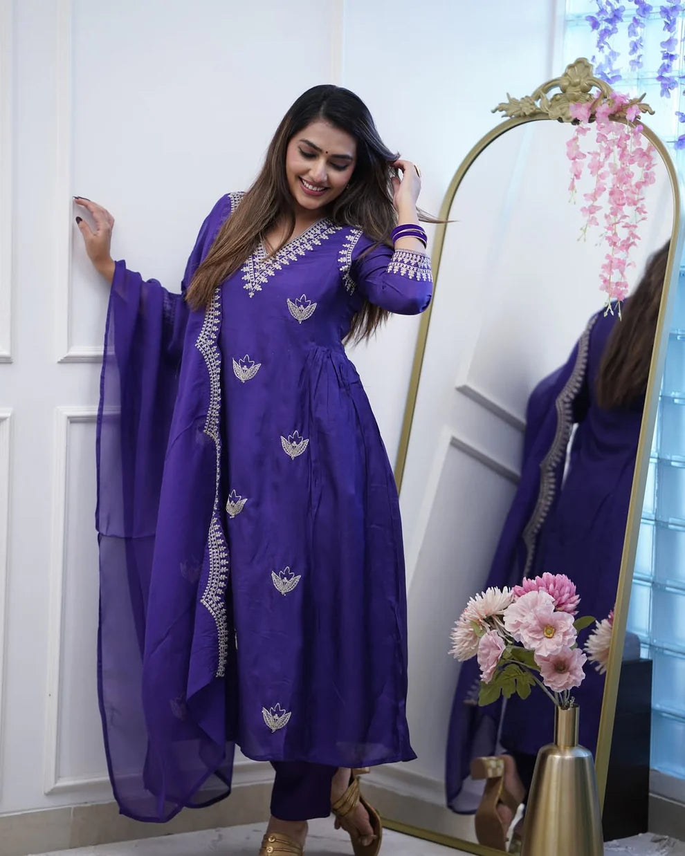 Dixz Fashion Elegant PV Chanderi Gown Style Kurti Set