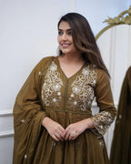 Dixz Fashion Elegant Embroidered Cotton Silk Gown Set with Chikan Lace Dupatta – 3-Piece Set