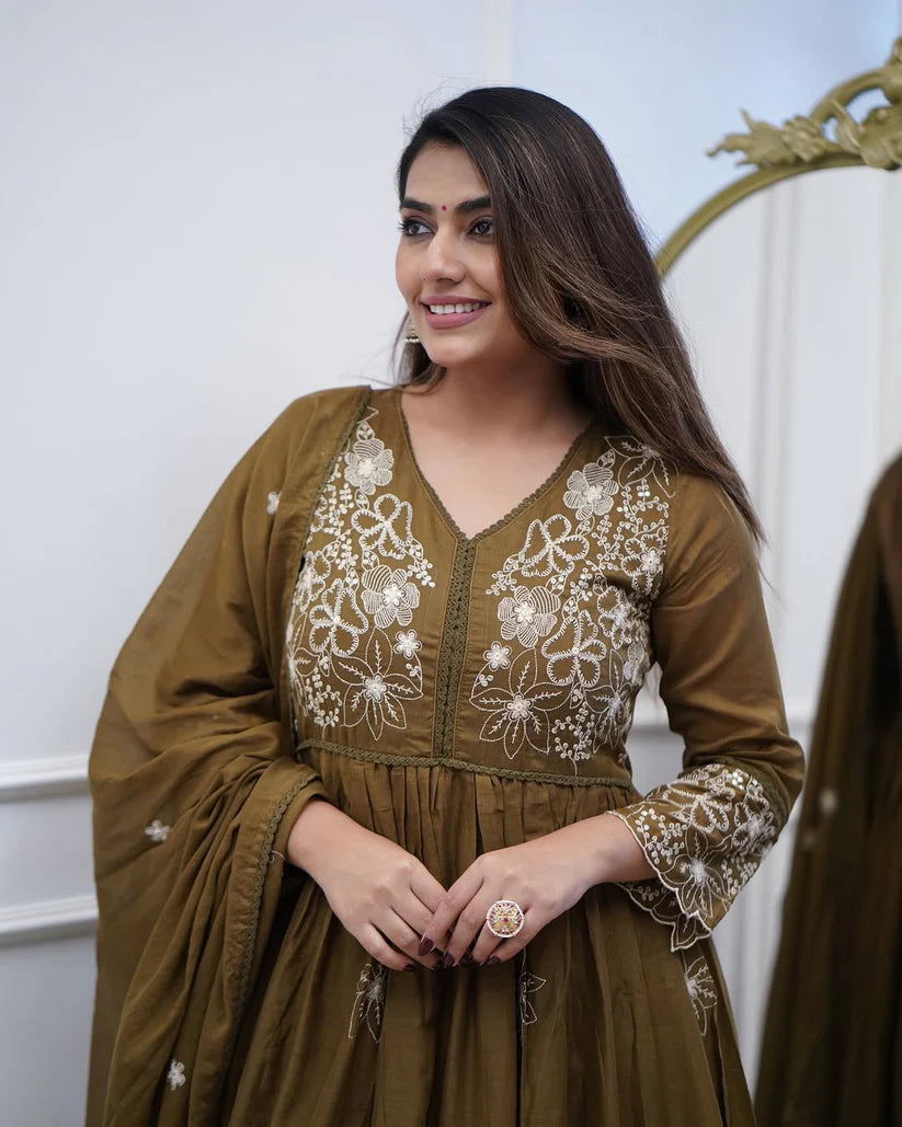 Dixz Fashion Elegant Embroidered Cotton Silk Gown Set with Chikan Lace Dupatta – 3-Piece Set