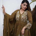 Dixz Fashion Elegant Embroidered Cotton Silk Gown Set with Chikan Lace Dupatta – 3-Piece Set