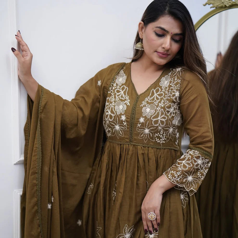 Dixz Fashion Elegant Embroidered Cotton Silk Gown Set with Chikan Lace Dupatta – 3-Piece Set