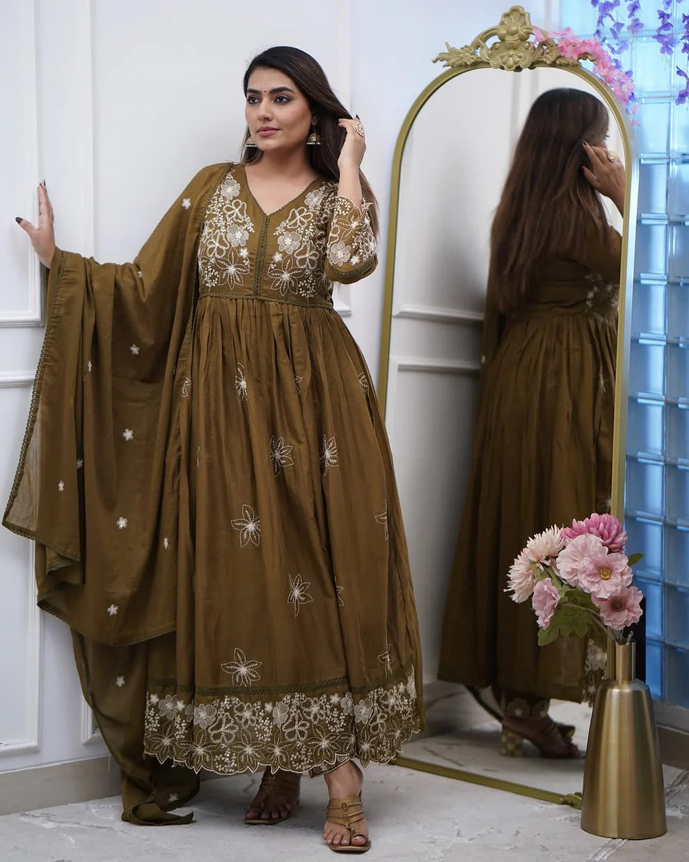 Dixz Fashion Elegant Embroidered Cotton Silk Gown Set with Chikan Lace Dupatta – 3-Piece Set