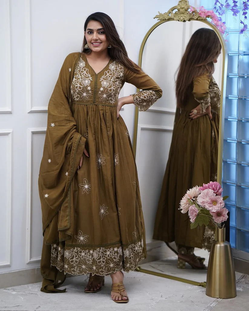 Dixz Fashion Elegant Embroidered Cotton Silk Gown Set with Chikan Lace Dupatta – 3-Piece Set