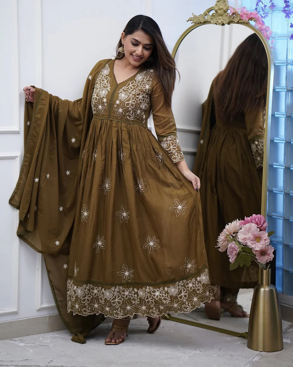 Dixz Fashion Elegant Embroidered Cotton Silk Gown Set with Chikan Lace Dupatta – 3-Piece Set