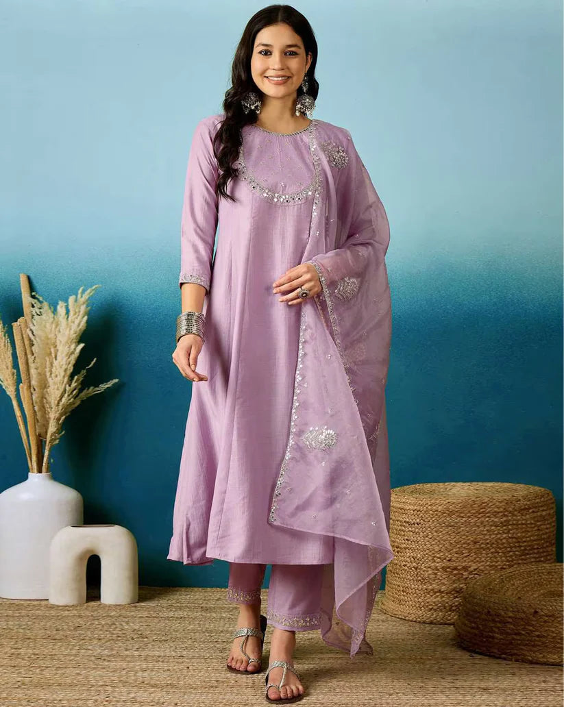 Dixz Fashion Silk Blend Sequin Embroidered Anarkali Set with Dupatta