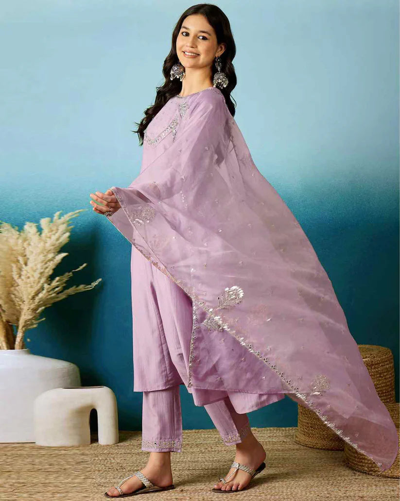 Dixz Fashion Silk Blend Sequin Embroidered Anarkali Set with Dupatta