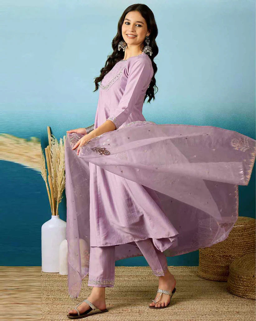 Dixz Fashion Silk Blend Sequin Embroidered Anarkali Set with Dupatta