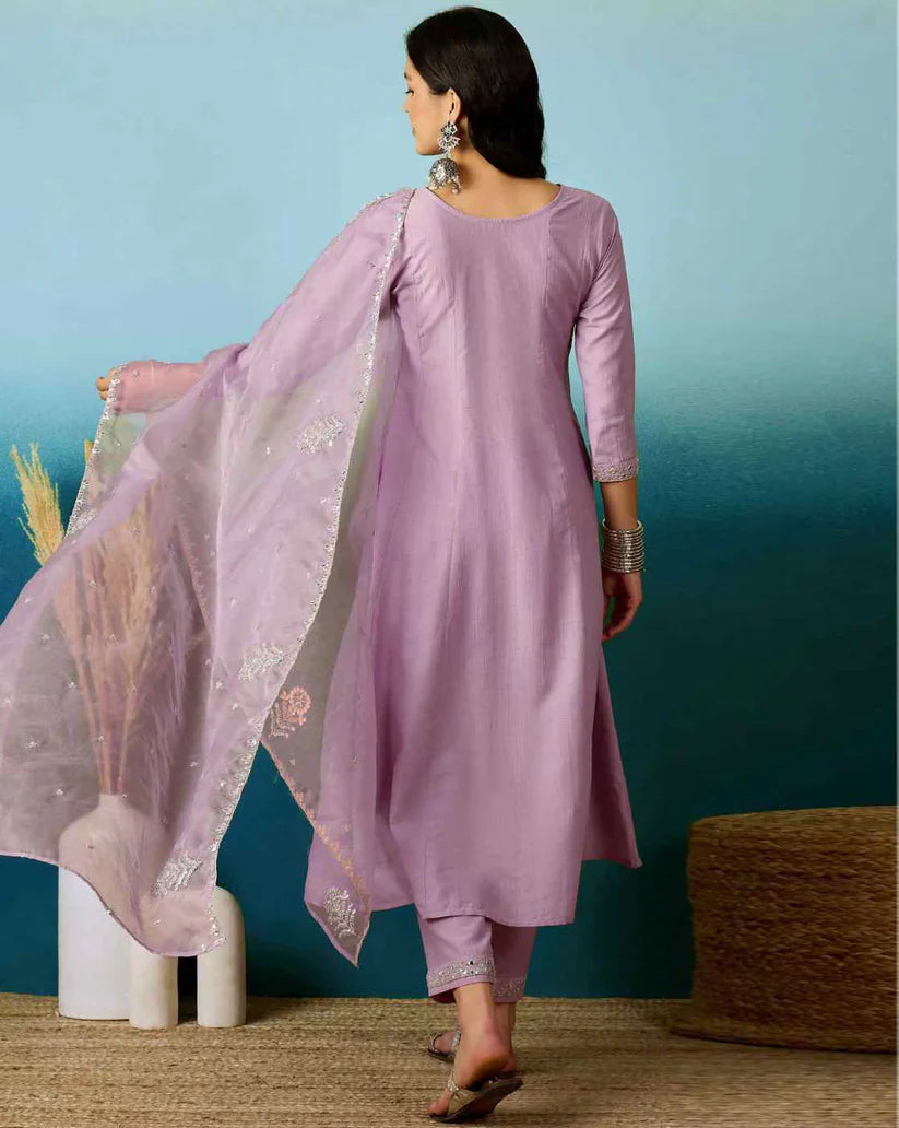 Dixz Fashion Silk Blend Sequin Embroidered Anarkali Set with Dupatta