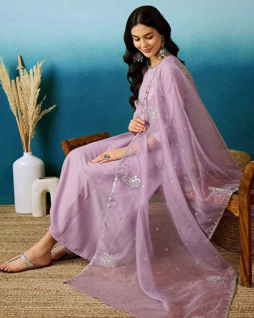 Dixz Fashion Silk Blend Sequin Embroidered Anarkali Set with Dupatta