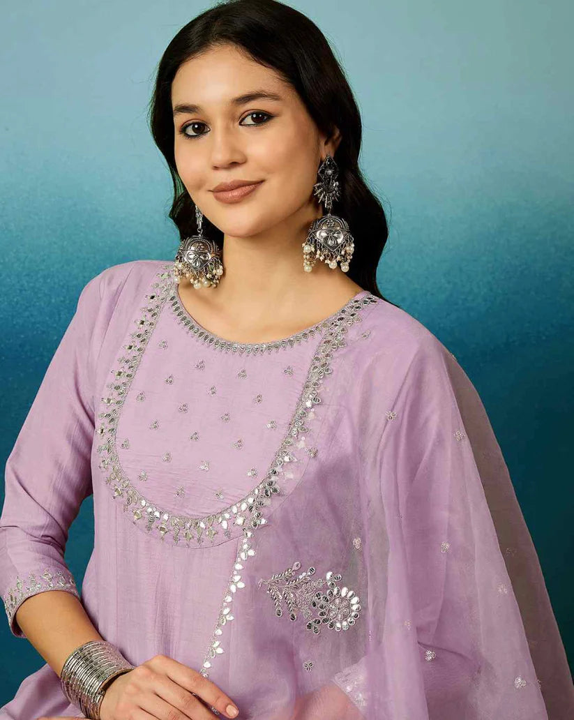 Dixz Fashion Silk Blend Sequin Embroidered Anarkali Set with Dupatta