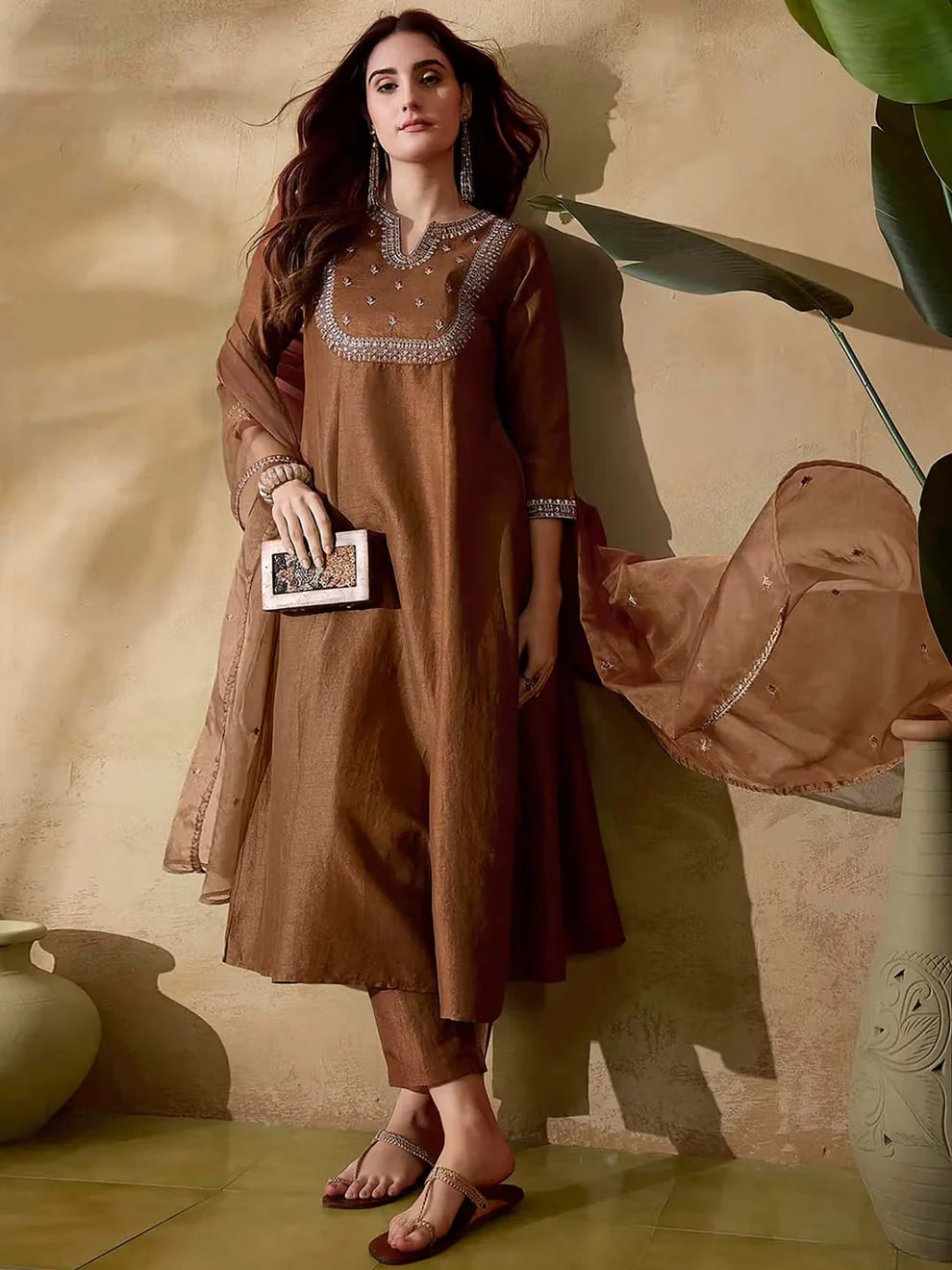 Dixz Fashion Vichitra Silk Embroidered Kurta Set with Bottom & Organza Dupatta