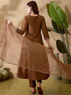 Dixz Fashion Vichitra Silk Embroidered Kurta Set with Bottom & Organza Dupatta