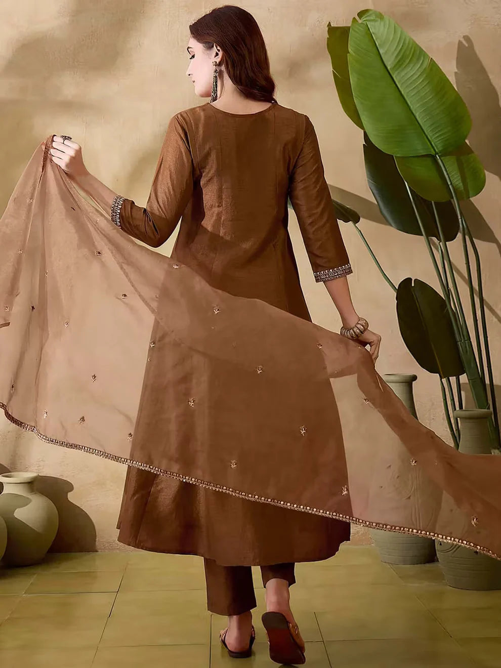 Dixz Fashion Vichitra Silk Embroidered Kurta Set with Bottom & Organza Dupatta
