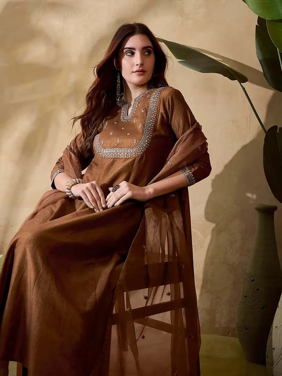 Dixz Fashion Vichitra Silk Embroidered Kurta Set with Bottom & Organza Dupatta