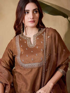 Dixz Fashion Vichitra Silk Embroidered Kurta Set with Bottom & Organza Dupatta