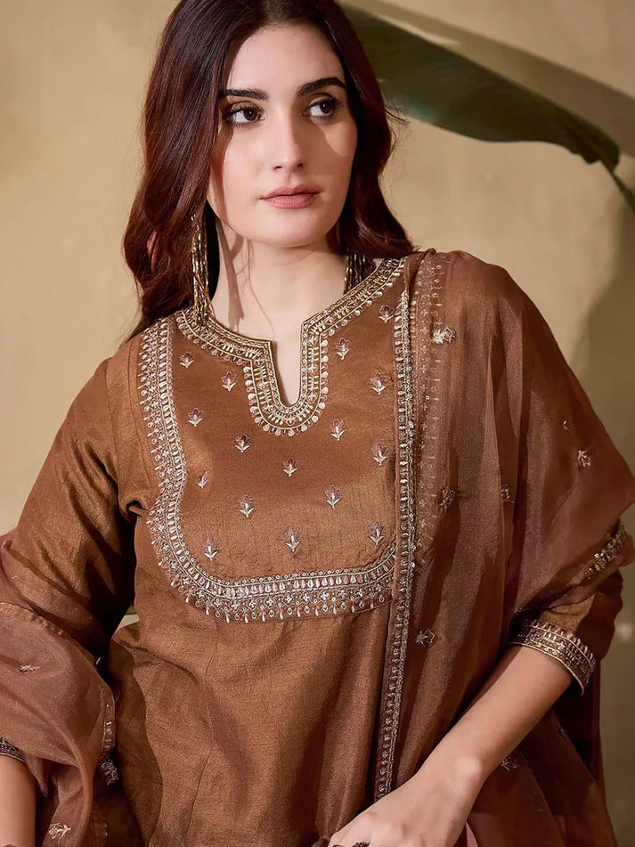 Dixz Fashion Vichitra Silk Embroidered Kurta Set with Bottom & Organza Dupatta