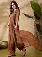 Dixz Fashion Vichitra Silk Embroidered Kurta Set with Bottom & Organza Dupatta