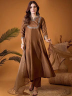 Dixz Fashion Vichitra Silk Embroidered Kurta Set with Bottom & Organza Dupatta
