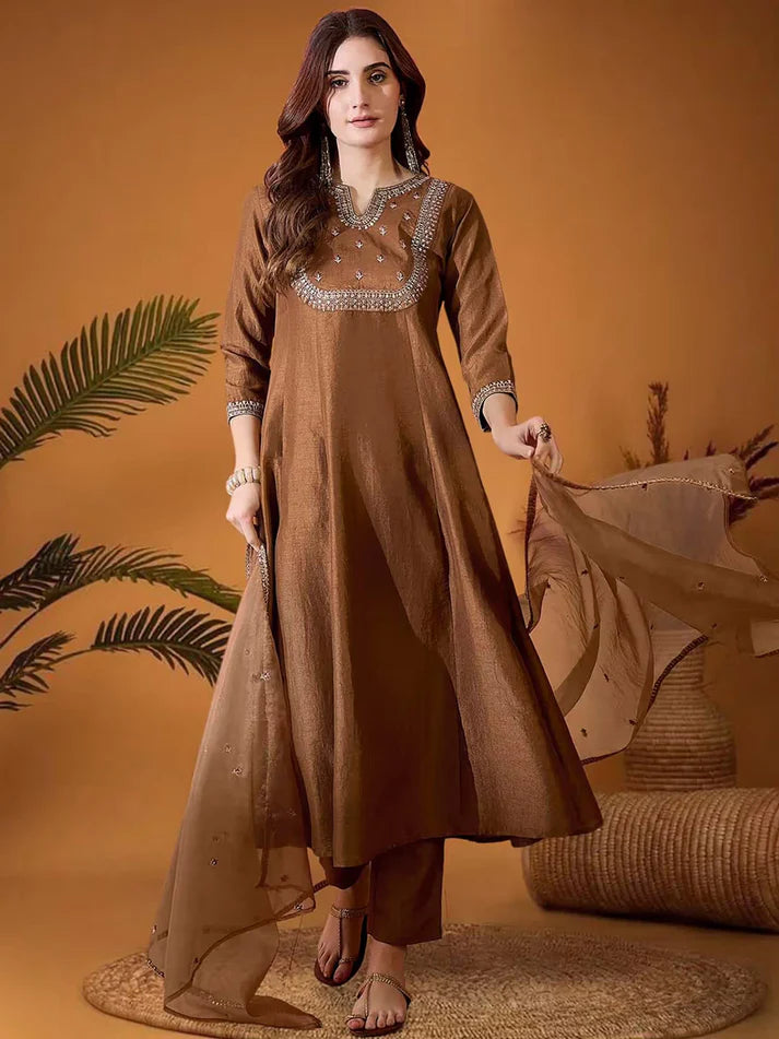 Dixz Fashion Vichitra Silk Embroidered Kurta Set with Bottom & Organza Dupatta