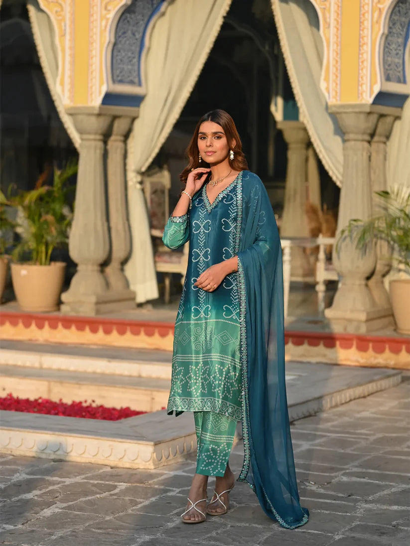 Dixz Fashion Graceful Chinnon Silk Printed & Embroidered Suit Set