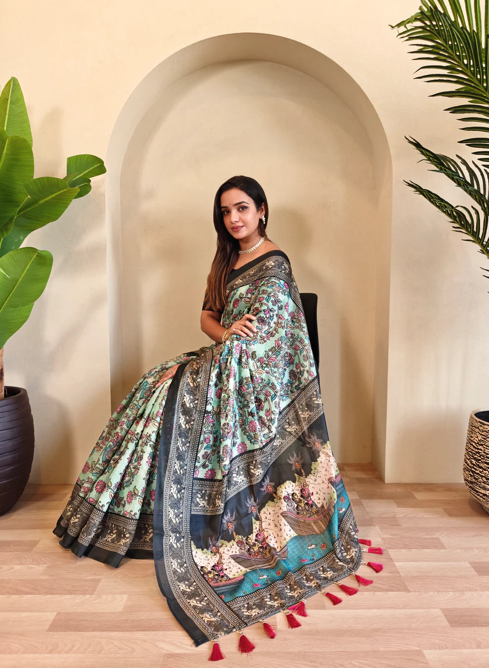 Dixz Fashion Soft Cotton Chanderi with Kalamkari Digital Print & Tassels Saree