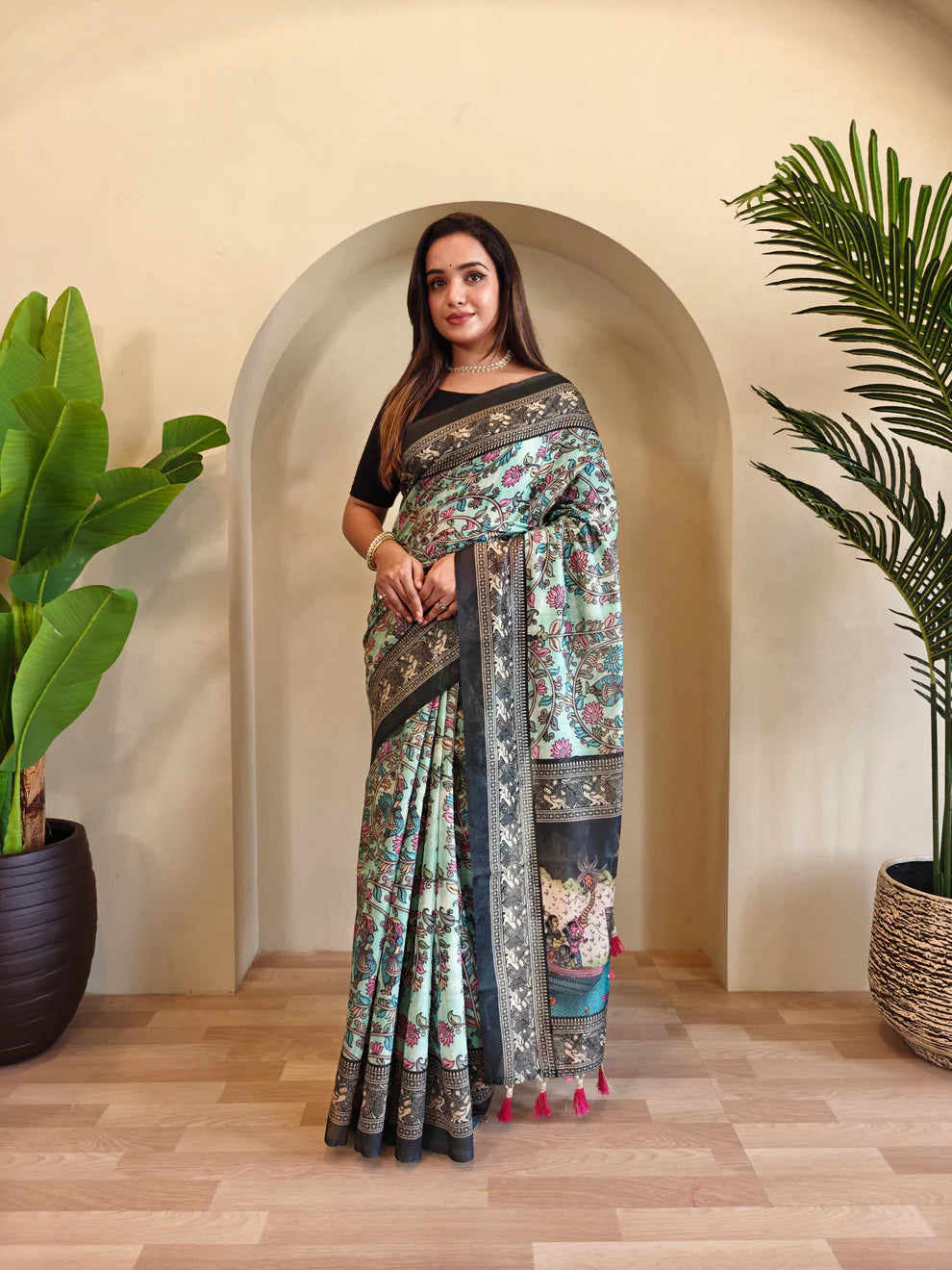 Dixz Fashion Soft Cotton Chanderi with Kalamkari Digital Print & Tassels Saree