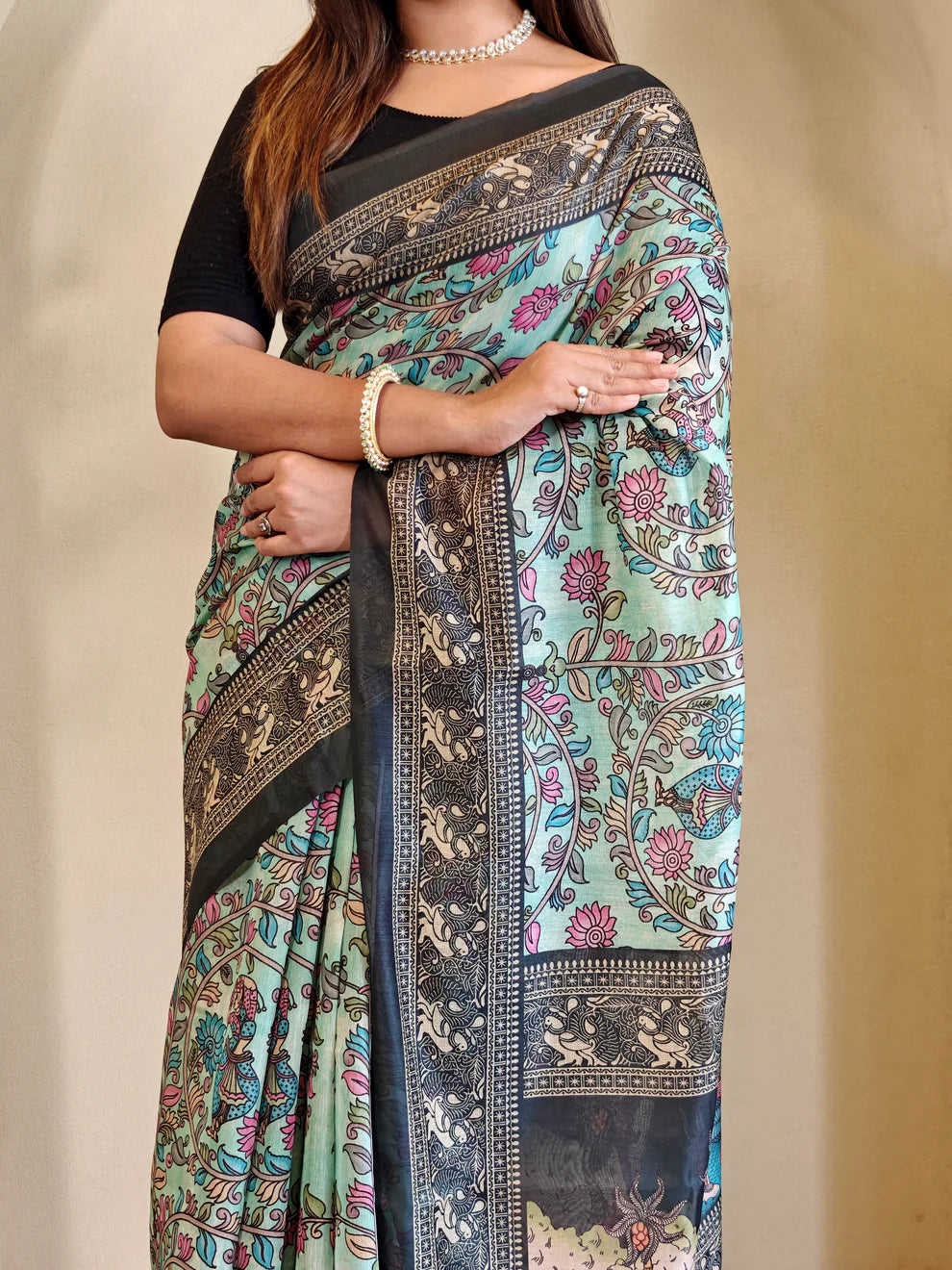 Dixz Fashion Soft Cotton Chanderi with Kalamkari Digital Print & Tassels Saree