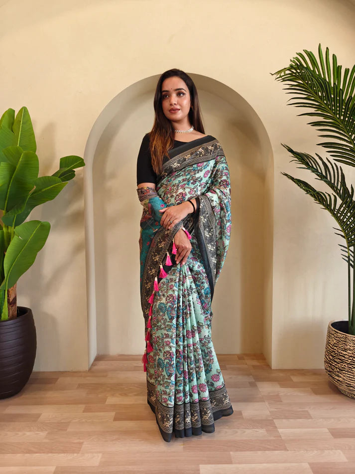 Dixz Fashion Soft Cotton Chanderi with Kalamkari Digital Print & Tassels Saree