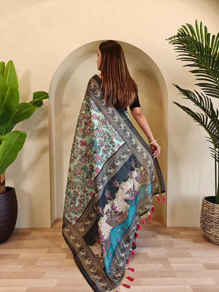 Dixz Fashion Soft Cotton Chanderi with Kalamkari Digital Print & Tassels Saree