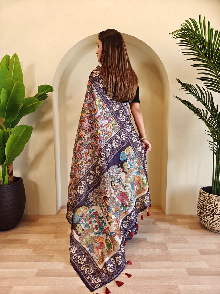 Dixz Fashion Soft Cotton Chanderi with Kalamkari Digital Print & Tassels Saree