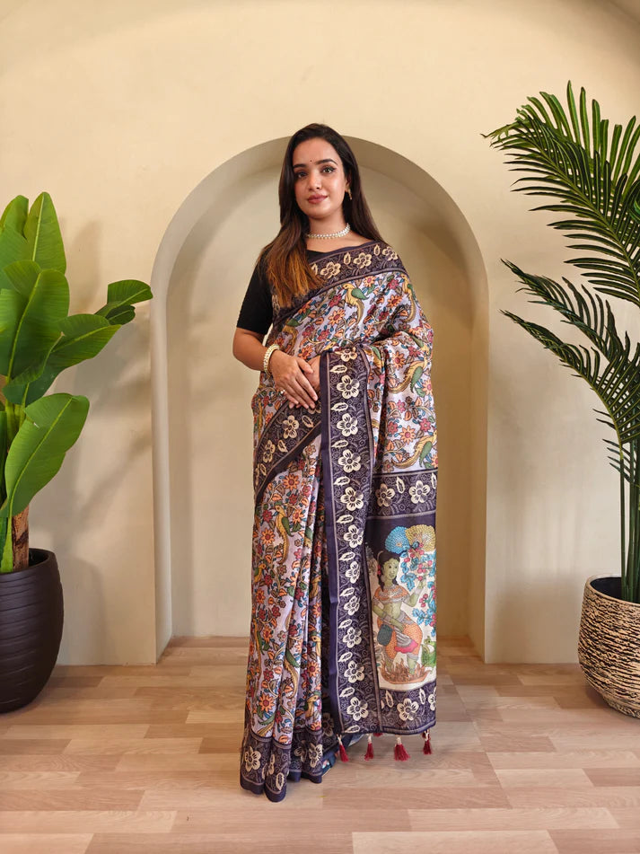Dixz Fashion Soft Cotton Chanderi with Kalamkari Digital Print & Tassels Saree