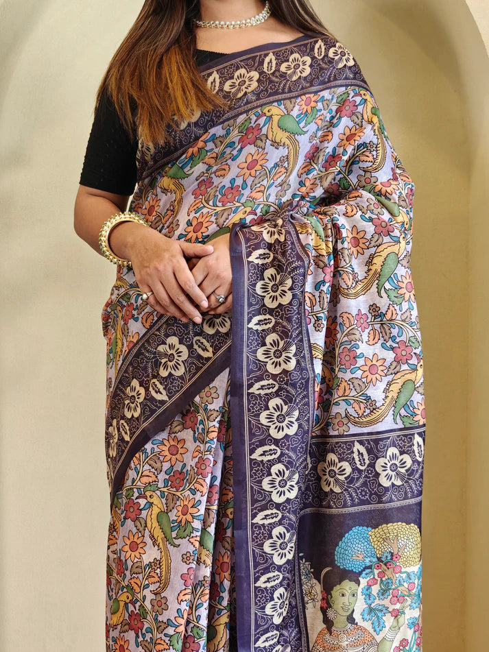 Dixz Fashion Soft Cotton Chanderi with Kalamkari Digital Print & Tassels Saree