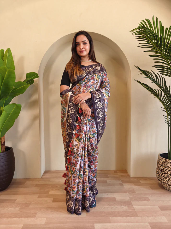 Dixz Fashion Soft Cotton Chanderi with Kalamkari Digital Print & Tassels Saree