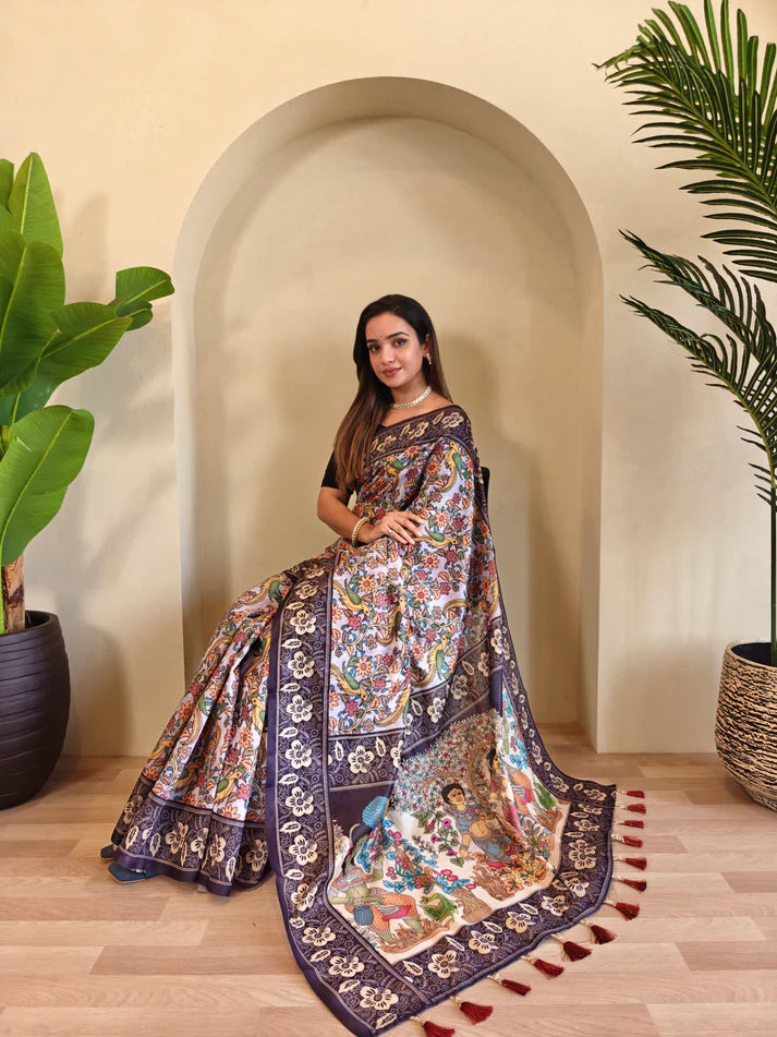 Dixz Fashion Soft Cotton Chanderi with Kalamkari Digital Print & Tassels Saree