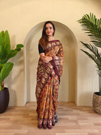 Dixz Fashion Soft Cotton Chanderi with Kalamkari Digital Print & Tassels Saree
