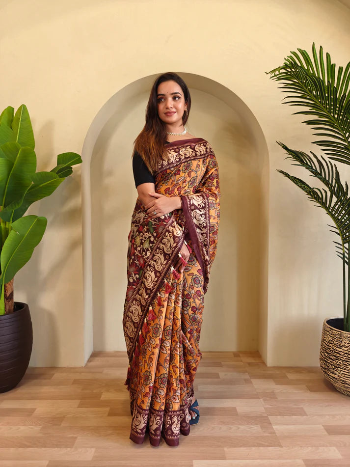 Dixz Fashion Soft Cotton Chanderi with Kalamkari Digital Print & Tassels Saree