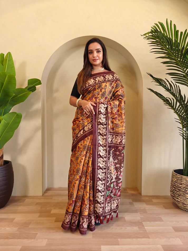 Dixz Fashion Soft Cotton Chanderi with Kalamkari Digital Print & Tassels Saree