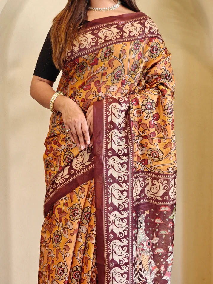 Dixz Fashion Soft Cotton Chanderi with Kalamkari Digital Print & Tassels Saree