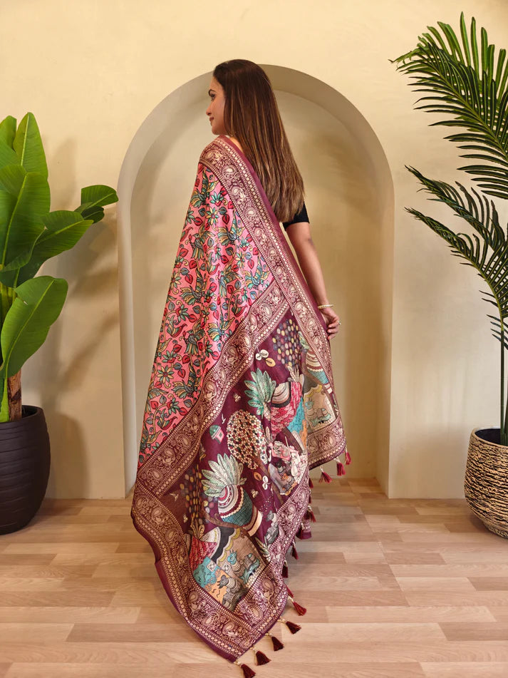 Dixz Fashion Soft Cotton Chanderi with Kalamkari Digital Print & Tassels Saree