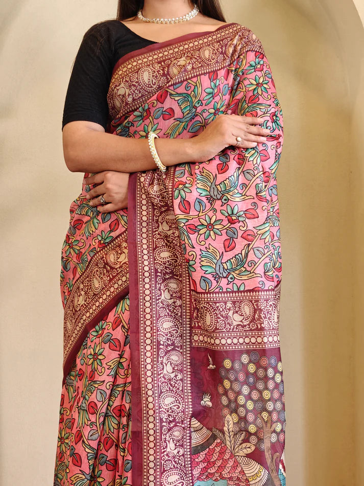 Dixz Fashion Soft Cotton Chanderi with Kalamkari Digital Print & Tassels Saree