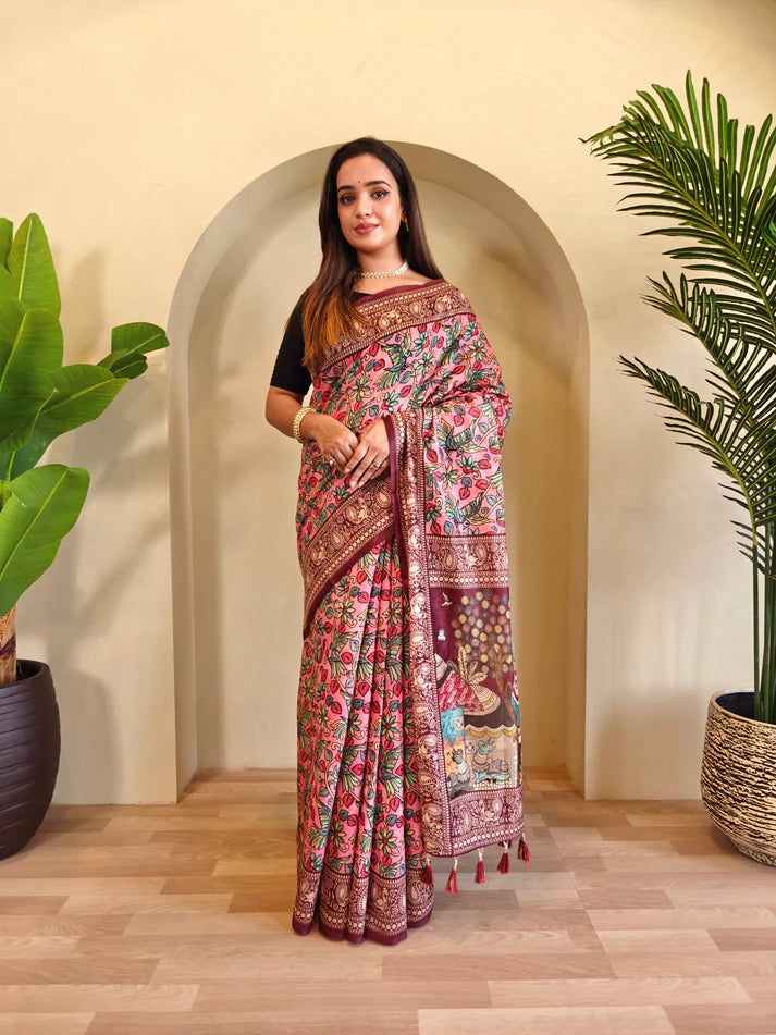 Dixz Fashion Soft Cotton Chanderi with Kalamkari Digital Print & Tassels Saree
