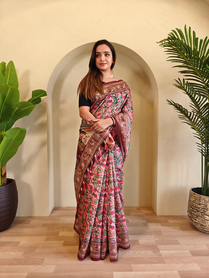 Dixz Fashion Soft Cotton Chanderi with Kalamkari Digital Print & Tassels Saree