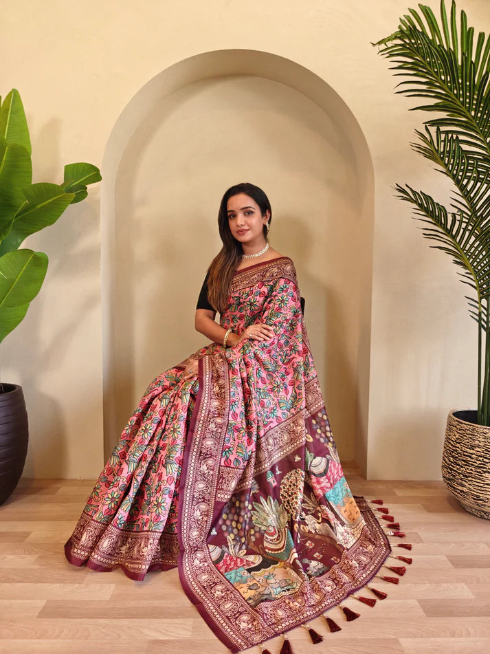 Dixz Fashion Soft Cotton Chanderi with Kalamkari Digital Print & Tassels Saree