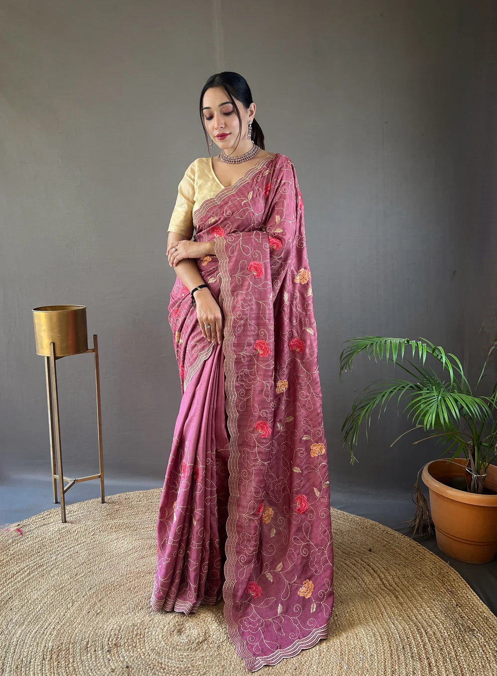 Dixz Fashion Pure Tussar Silk Embroidered with Floral Jaal & Cutwork Border Saree