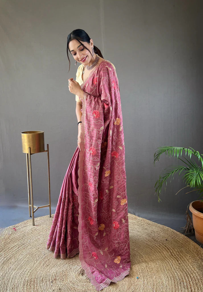 Dixz Fashion Pure Tussar Silk Embroidered with Floral Jaal & Cutwork Border Saree