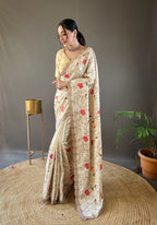 Dixz Fashion Pure Tussar Silk Embroidered with Floral Jaal & Cutwork Border Saree