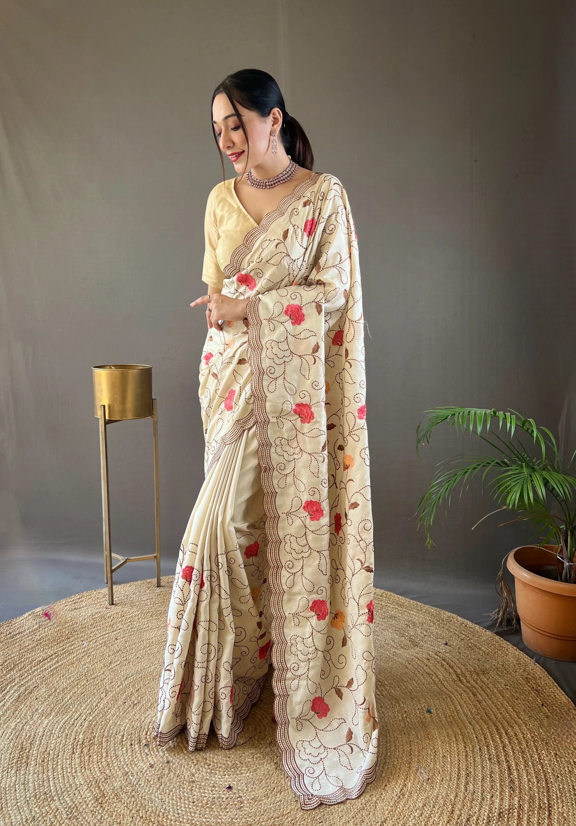 Dixz Fashion Pure Tussar Silk Embroidered with Floral Jaal & Cutwork Border Saree