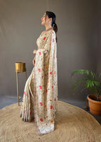 Dixz Fashion Pure Tussar Silk Embroidered with Floral Jaal & Cutwork Border Saree